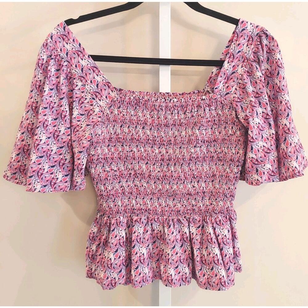 Simply Southern Peasant Blouse Medium Smocked Paisley Preppy Ruffle Peplum